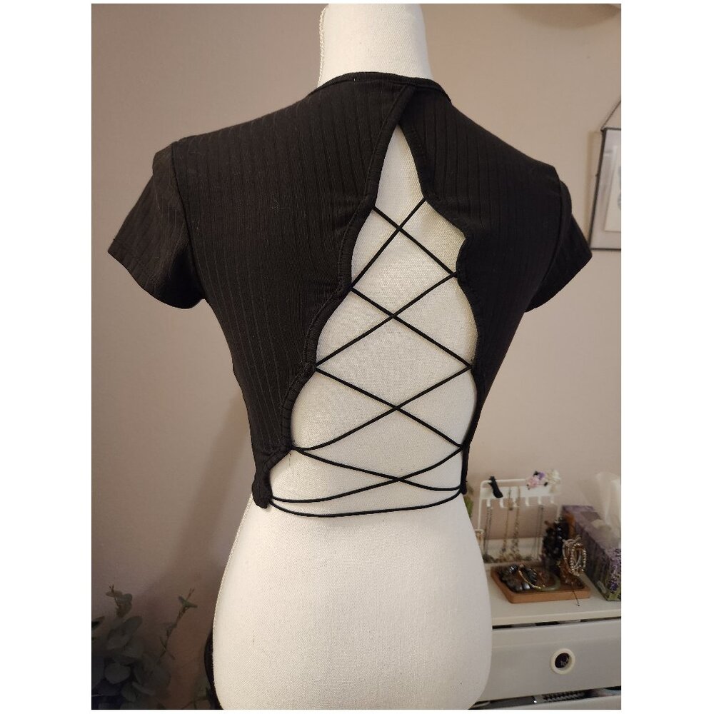Open Back Lace Up Black Short Sleeve Top